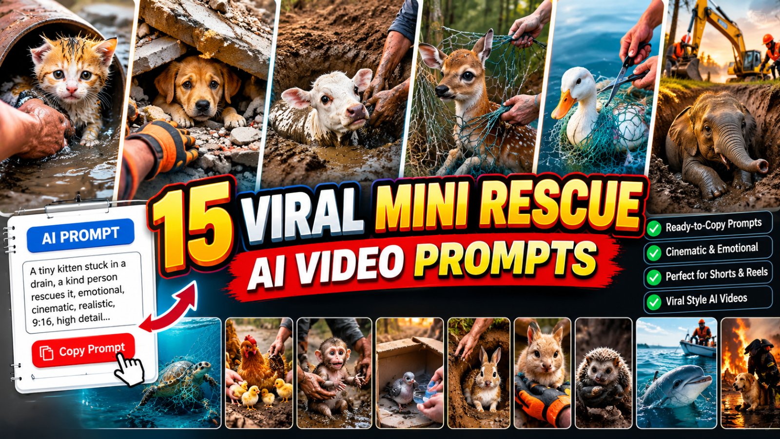 15 Viral Mini Rescue AI Video Prompts for cinematic animal rescue videos