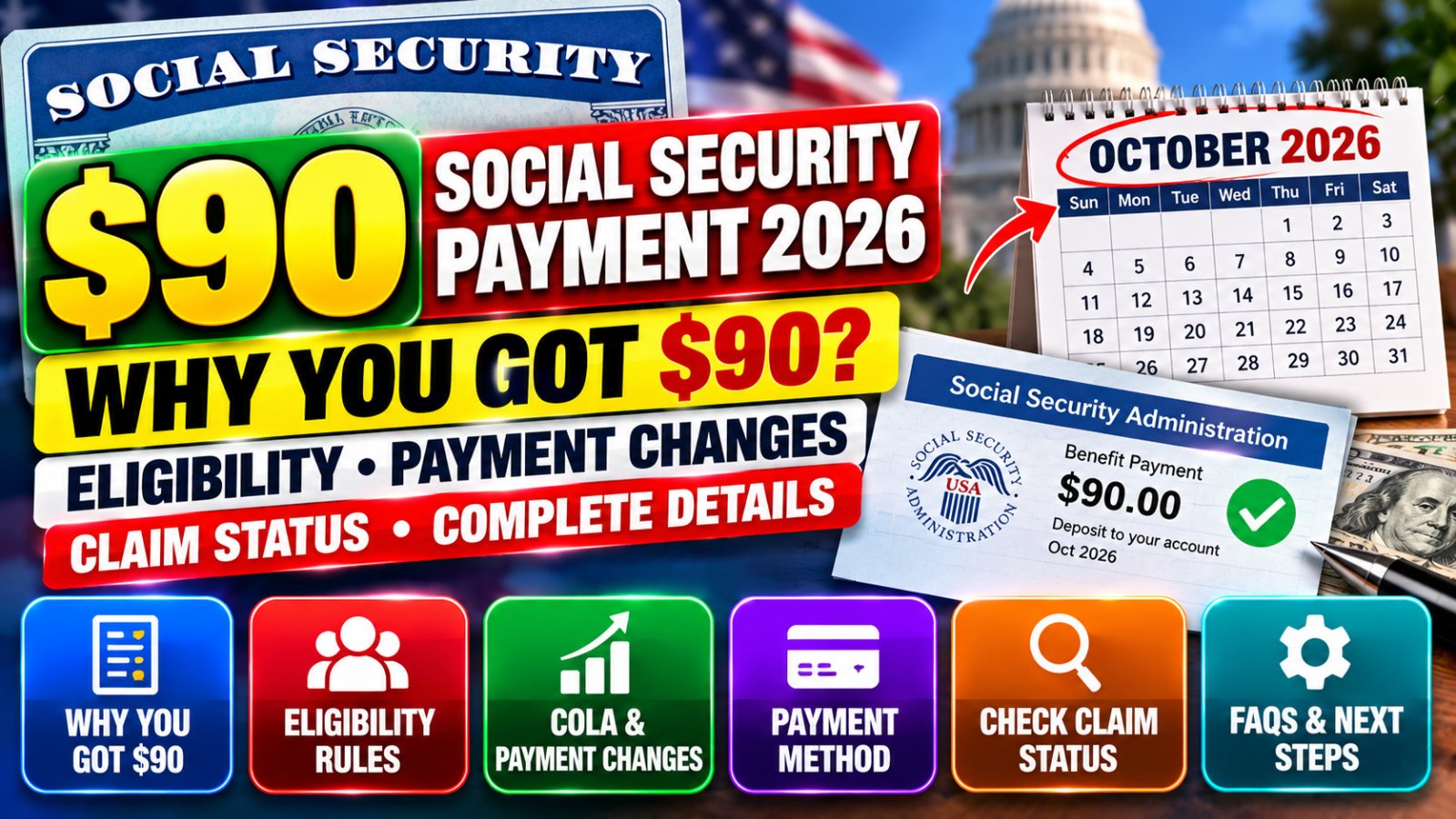 $90 Social Security payment 2026 showing an SSA benefit statement, payment notification, calendar, and Social Security payment adjustment information