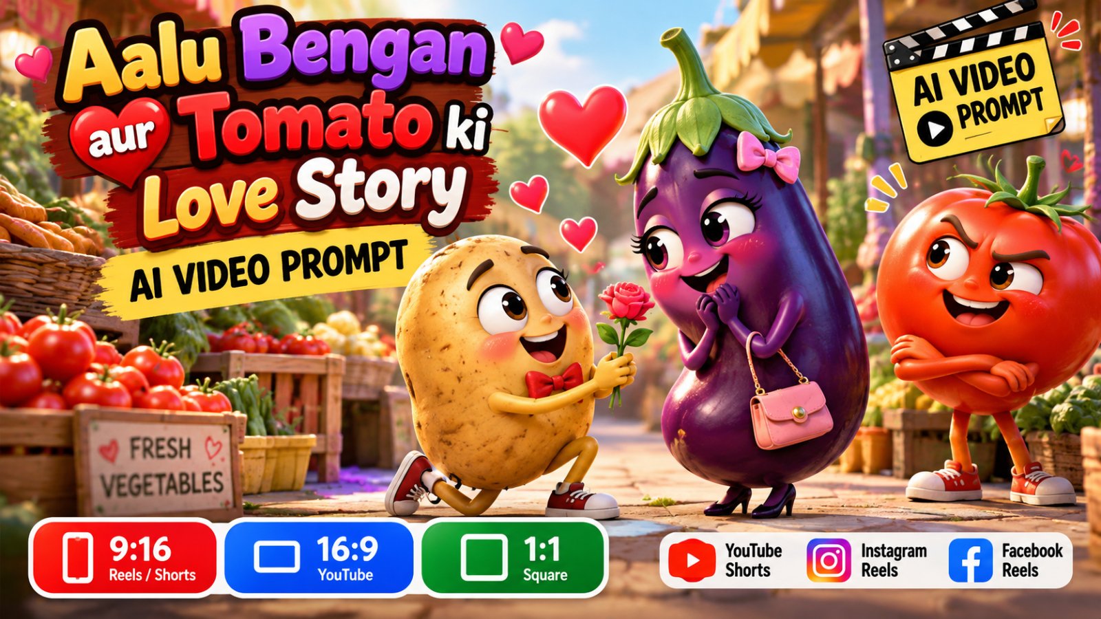 Aalu Bengan Aur Tomato Ki Love Story AI Video Prompt