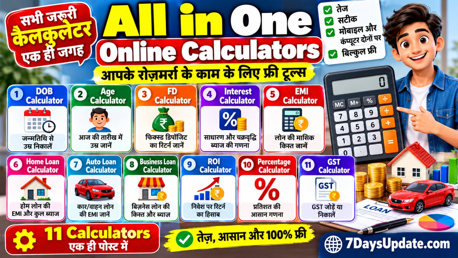 All Online Calculators: DOB, Age, FD, Interest, EMI, Home Loan, Auto Loan, Business Loan, ROI, Percentage & GST Calculator