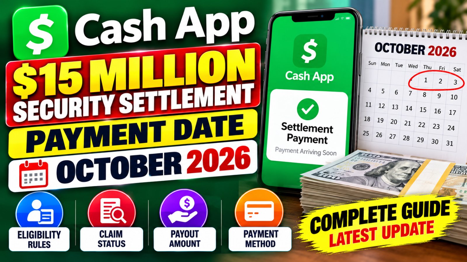 Cash App $15 million security settlement payment date October 2026 with a payment calendar, settlement documents, and payout information