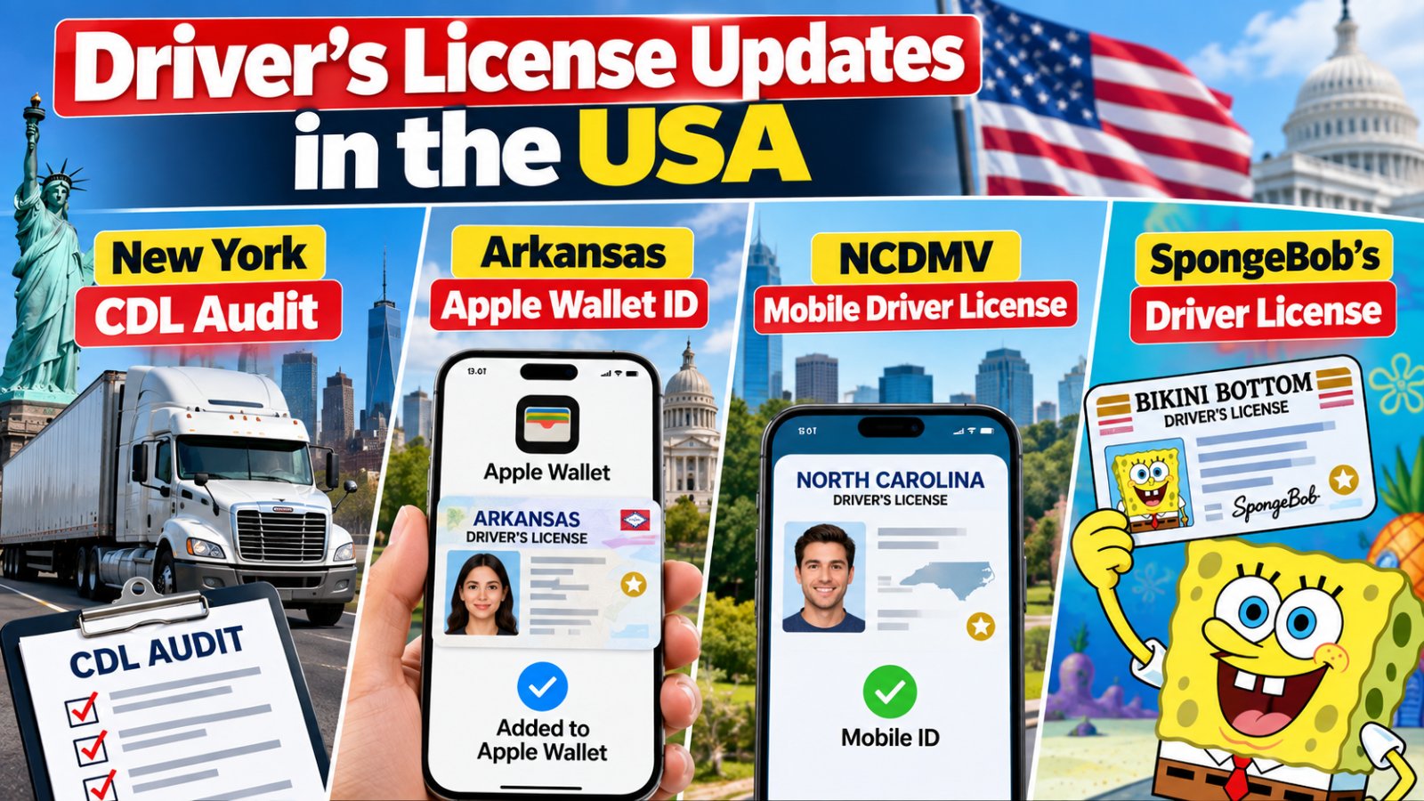 Driver’s License Updates in the USA: New York CDL Audit, Arkansas Apple Wallet ID, NCDMV Mobile Driver License and SpongeBob’s License Explained