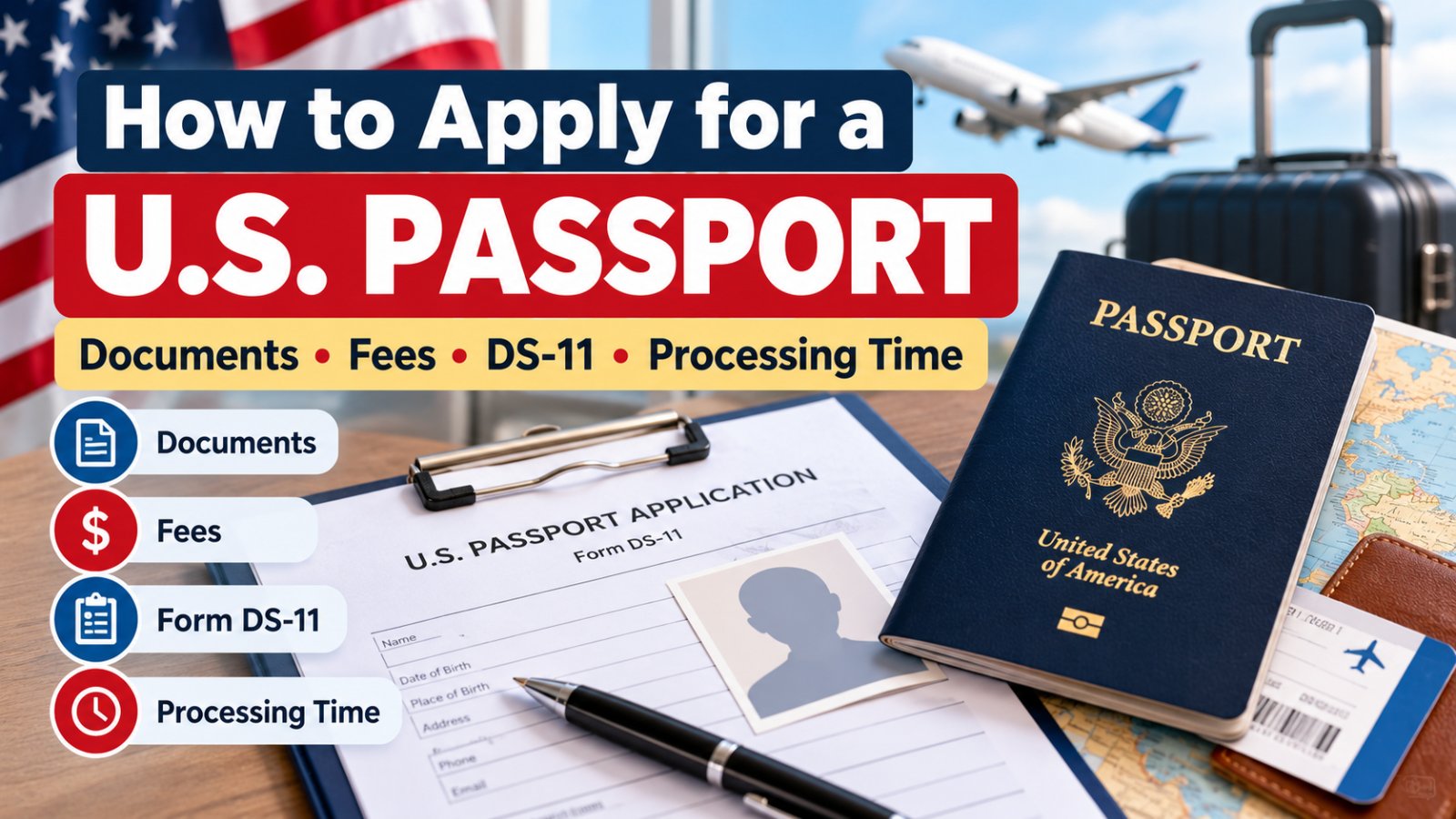 How to apply for a U.S. passport with application form, documents, passport photo and travel guide