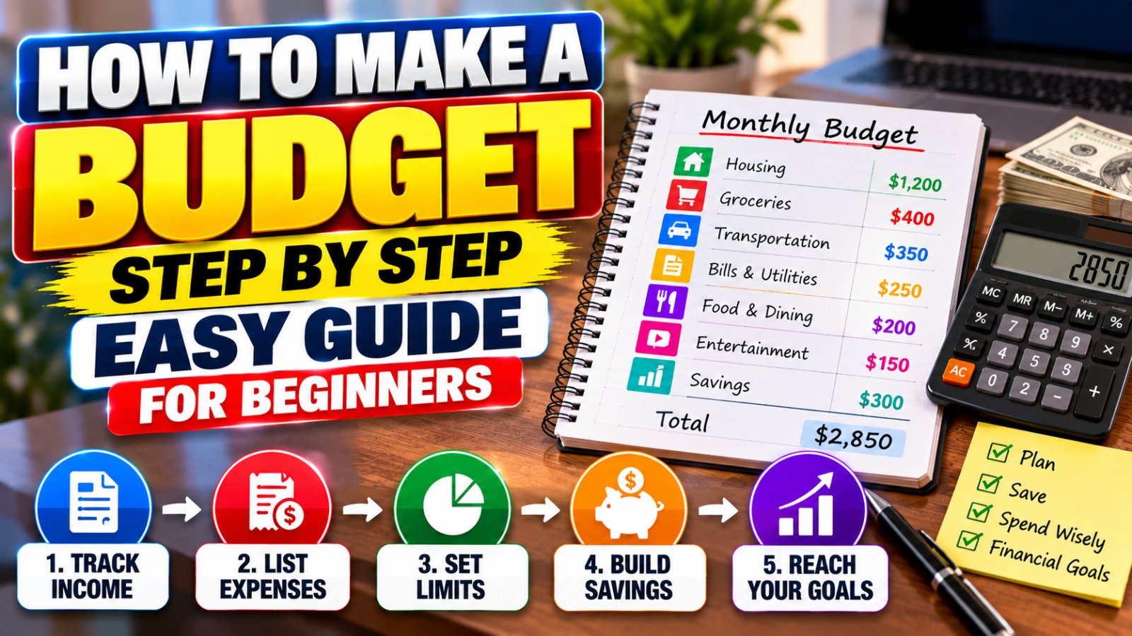 How to make a budget with a monthly income and expenses worksheet, savings goals, bills, and financial planning