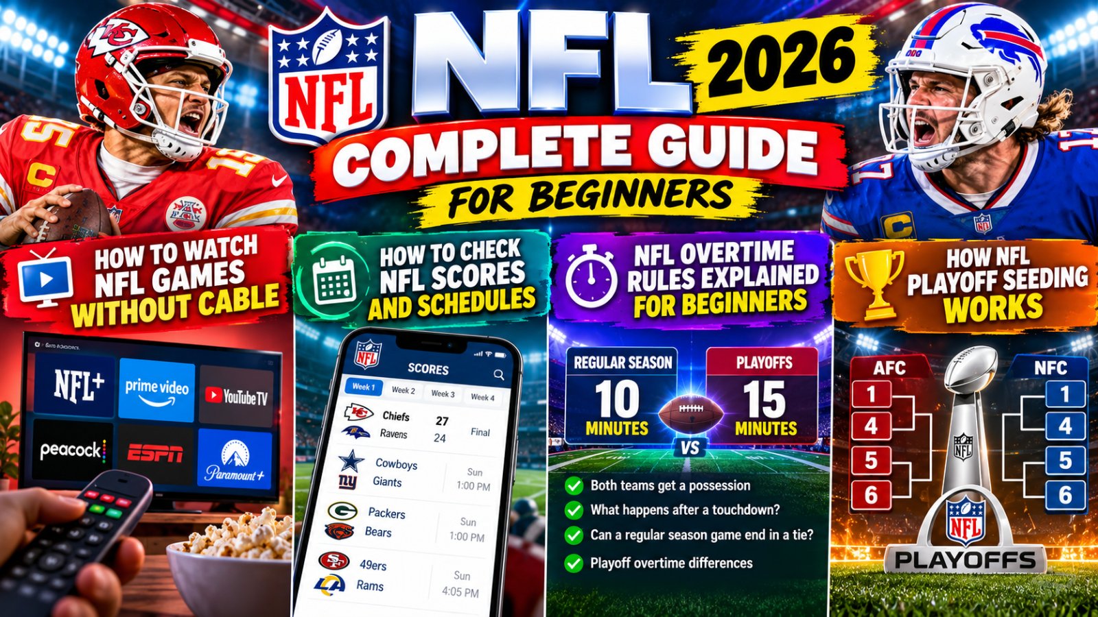NFL guide explaining how to watch games without cable, check scores, understand overtime rules, and follow playoff seeding