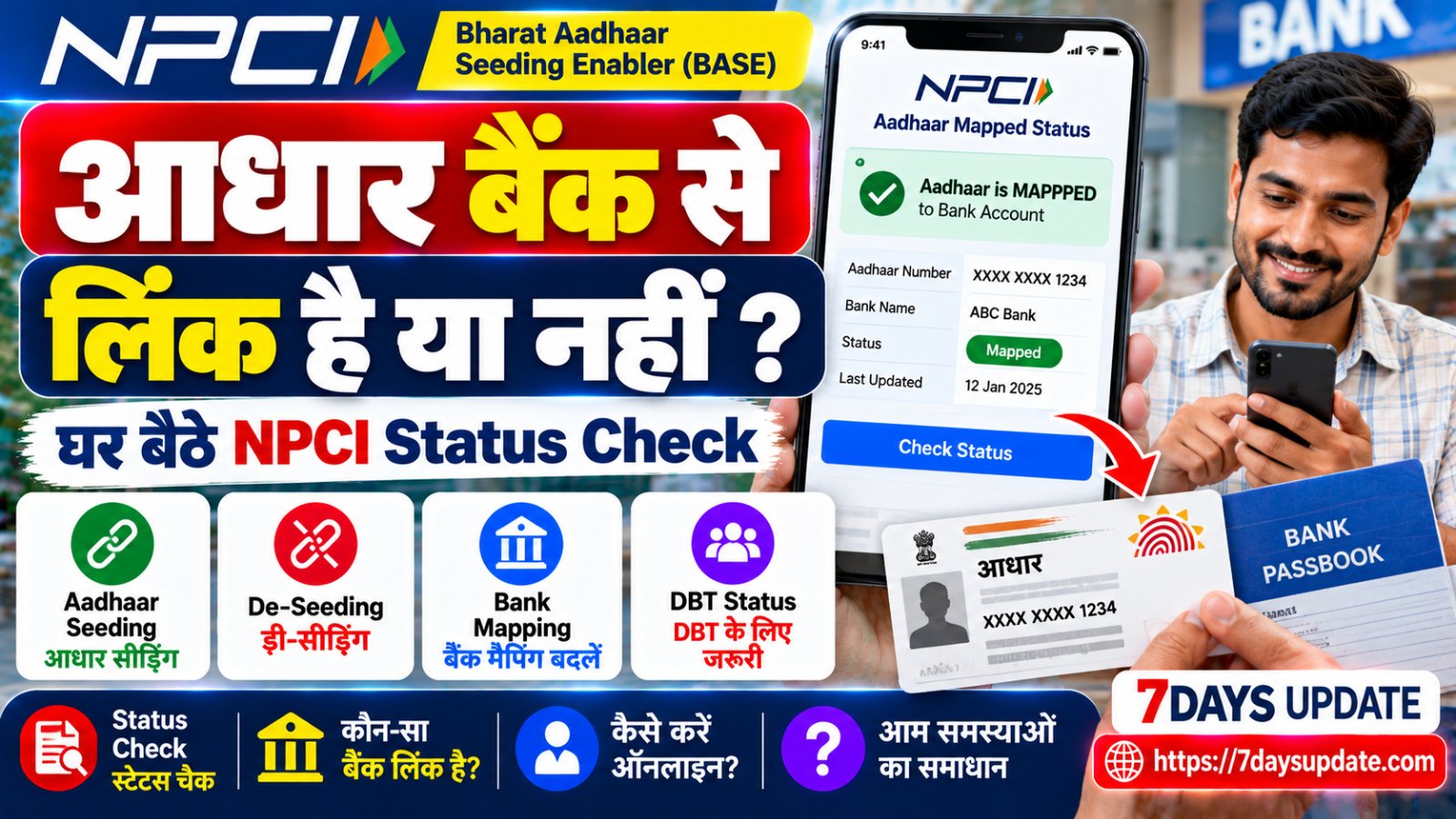 NPCI Aadhaar Seeding Online, घर बैठे आधार बैंक सीडिंग स्टेटस चेक, BASE पोर्टल और DBT बैंक मैपिंग की जानकारी