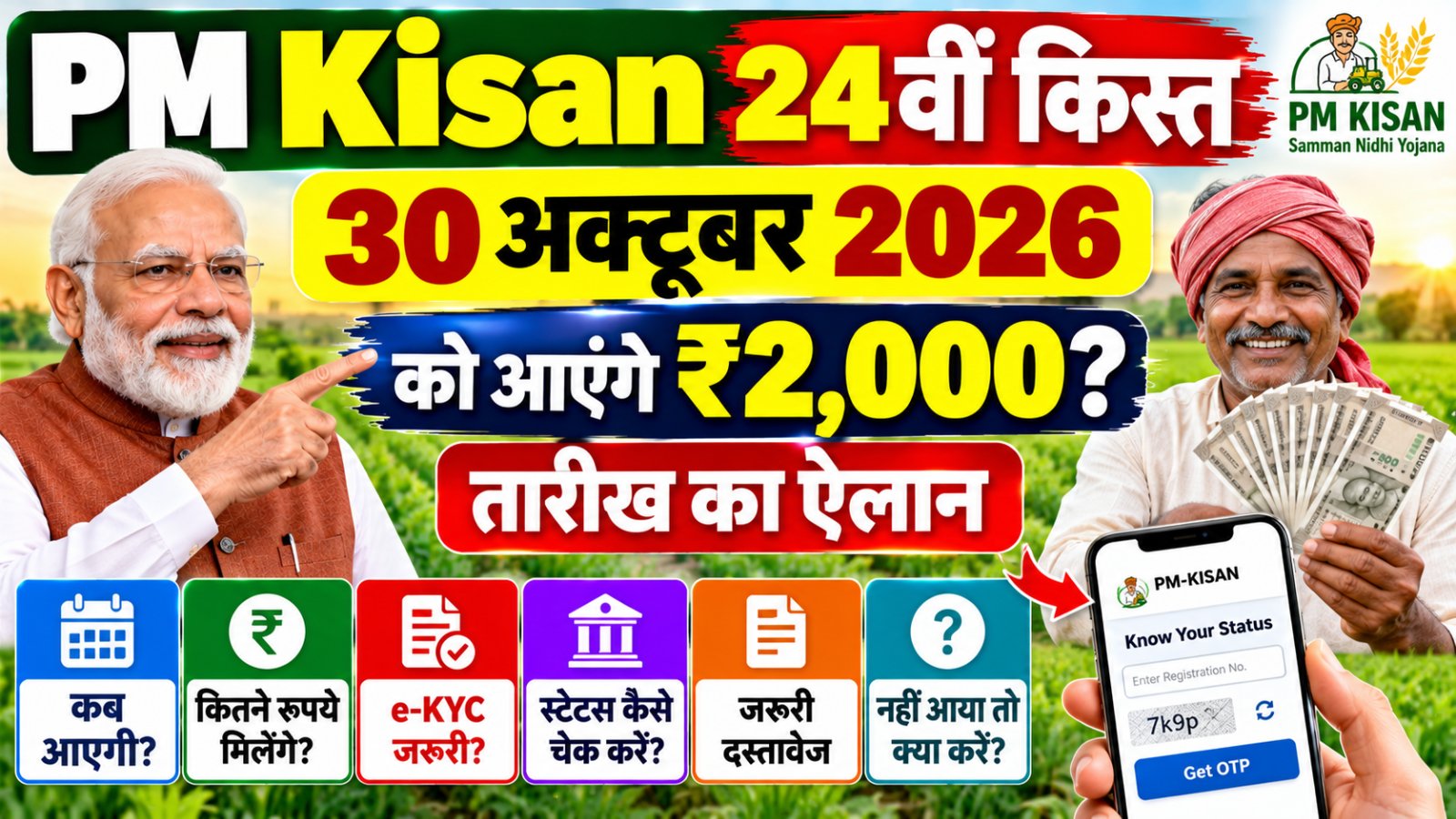 PM Kisan 24th Kist 2026 की तारीख 30 अक्टूबर, किसानों को मिलने वाले 2000 रुपये और किस्त का स्टेटस चेक करने की जानकारी