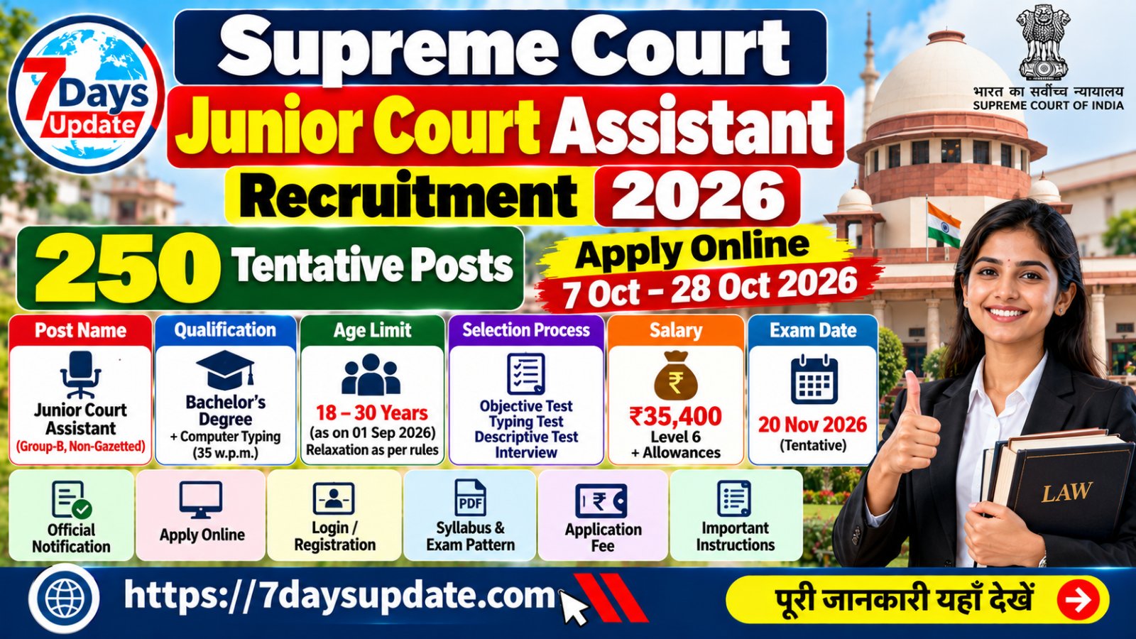 Supreme Court Junior Court Assistant Recruitment 2026 250 Vacancy Apply Online