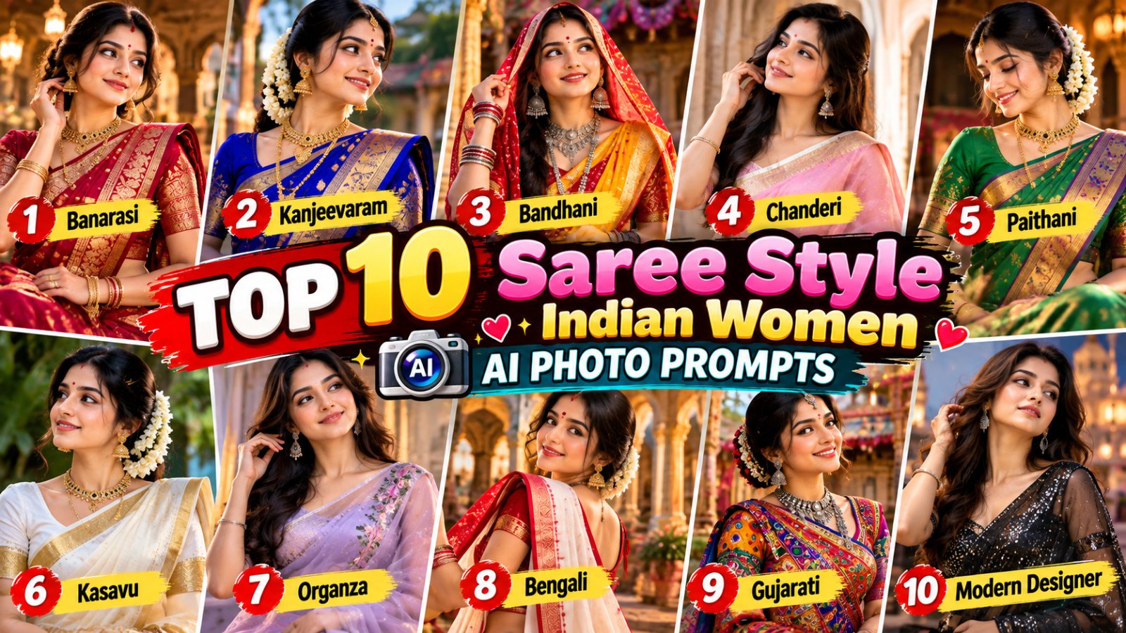 Top 10 Saree Style Indian Women AI Photo Prompts featuring traditional and modern Indian saree looks