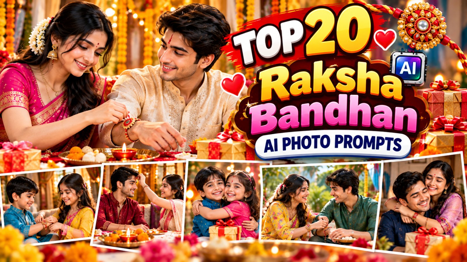 Top 20 Raksha Bandhan AI Photo Prompts showing Indian brother and sister celebrating Raksha Bandhan