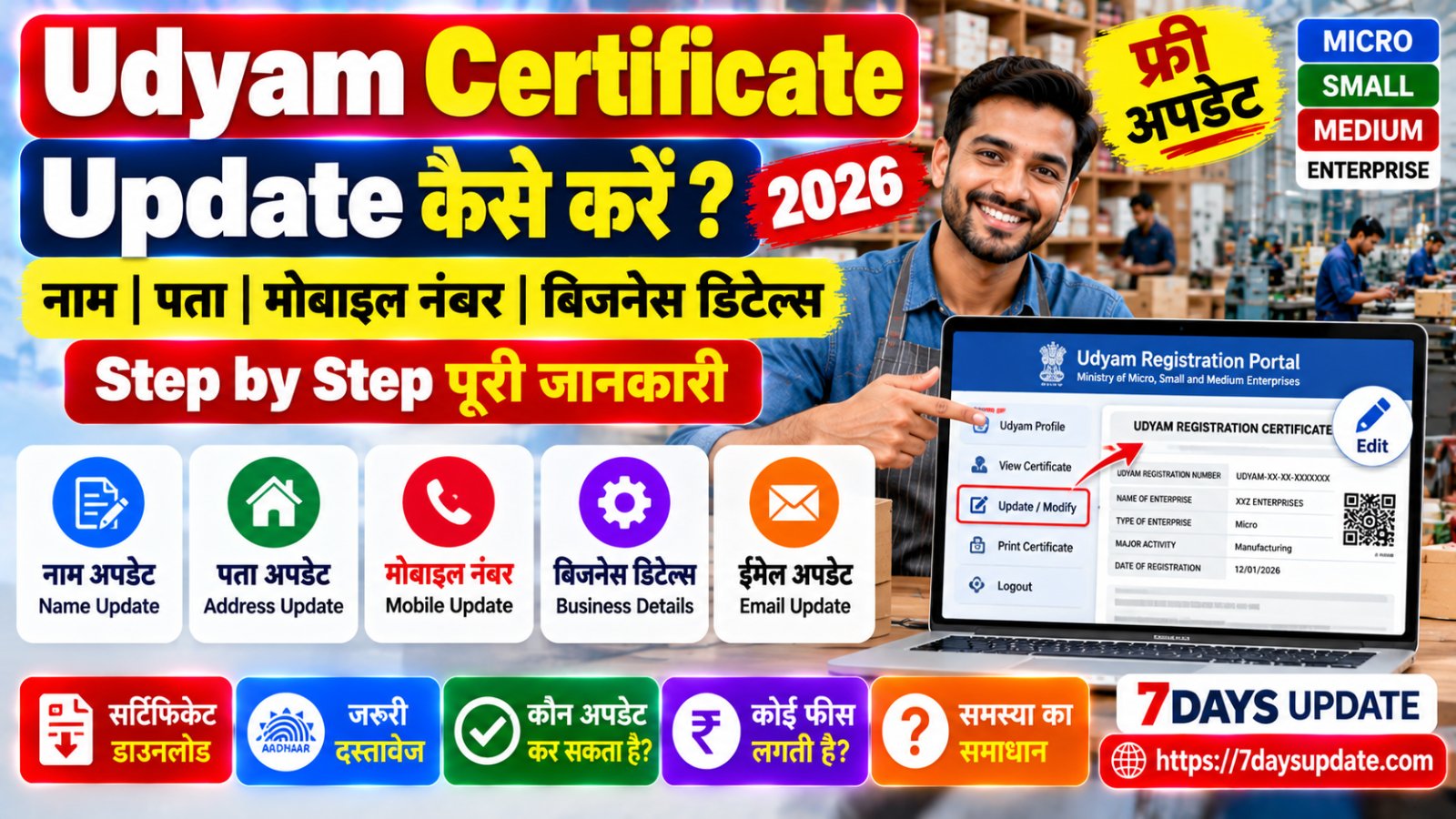 Udyam Certificate Update 2026 ऑनलाइन प्रक्रिया, MSME सर्टिफिकेट में नाम पता और बिजनेस डिटेल्स सुधारने की जानकारी