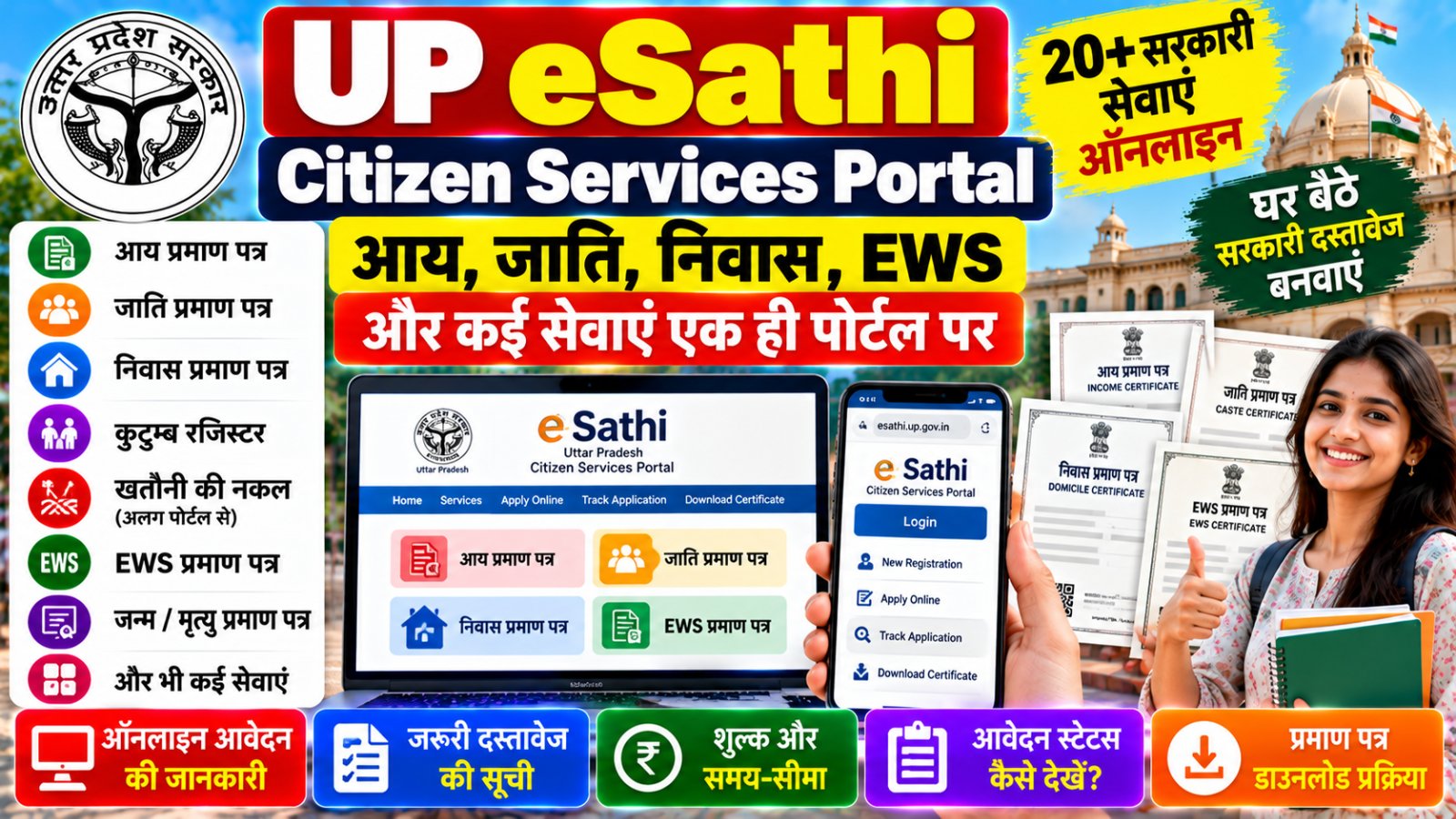 UP eSathi Citizen Services Portal 2026: आय, जाति, निवास, EWS Certificate और 20+ सरकारी सेवाएं ऑनलाइन