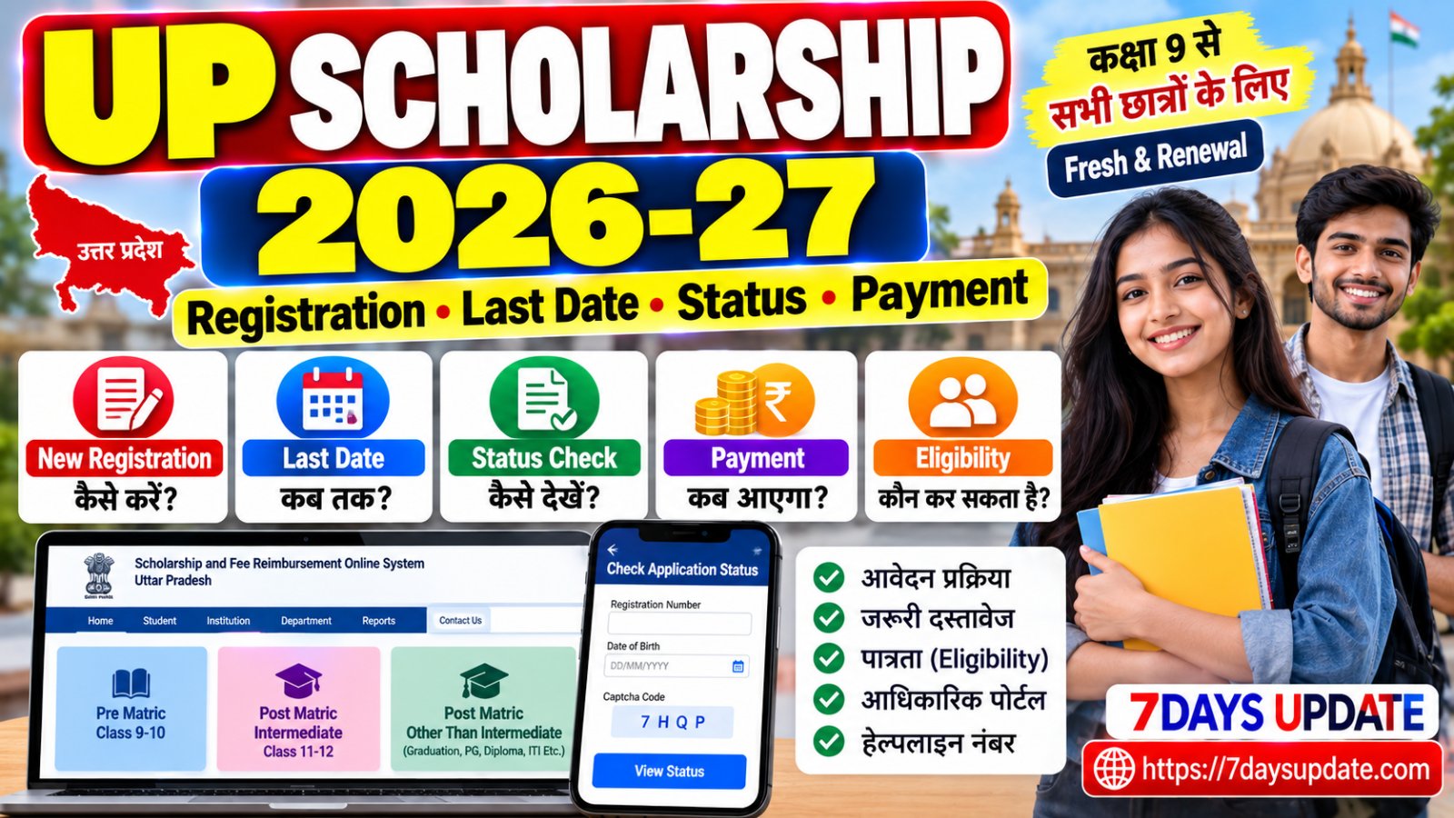 UP Scholarship 2026-27 registration, last date, eligibility, application status और scholarship payment की जानकारी