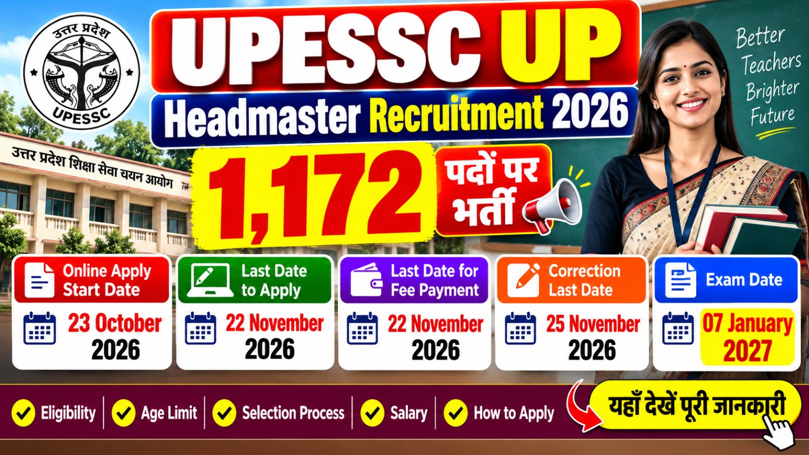 UPESSC UP Headmaster Recruitment 2026 for 1172 Headmaster vacancies in Uttar Pradesh Sarkari result com