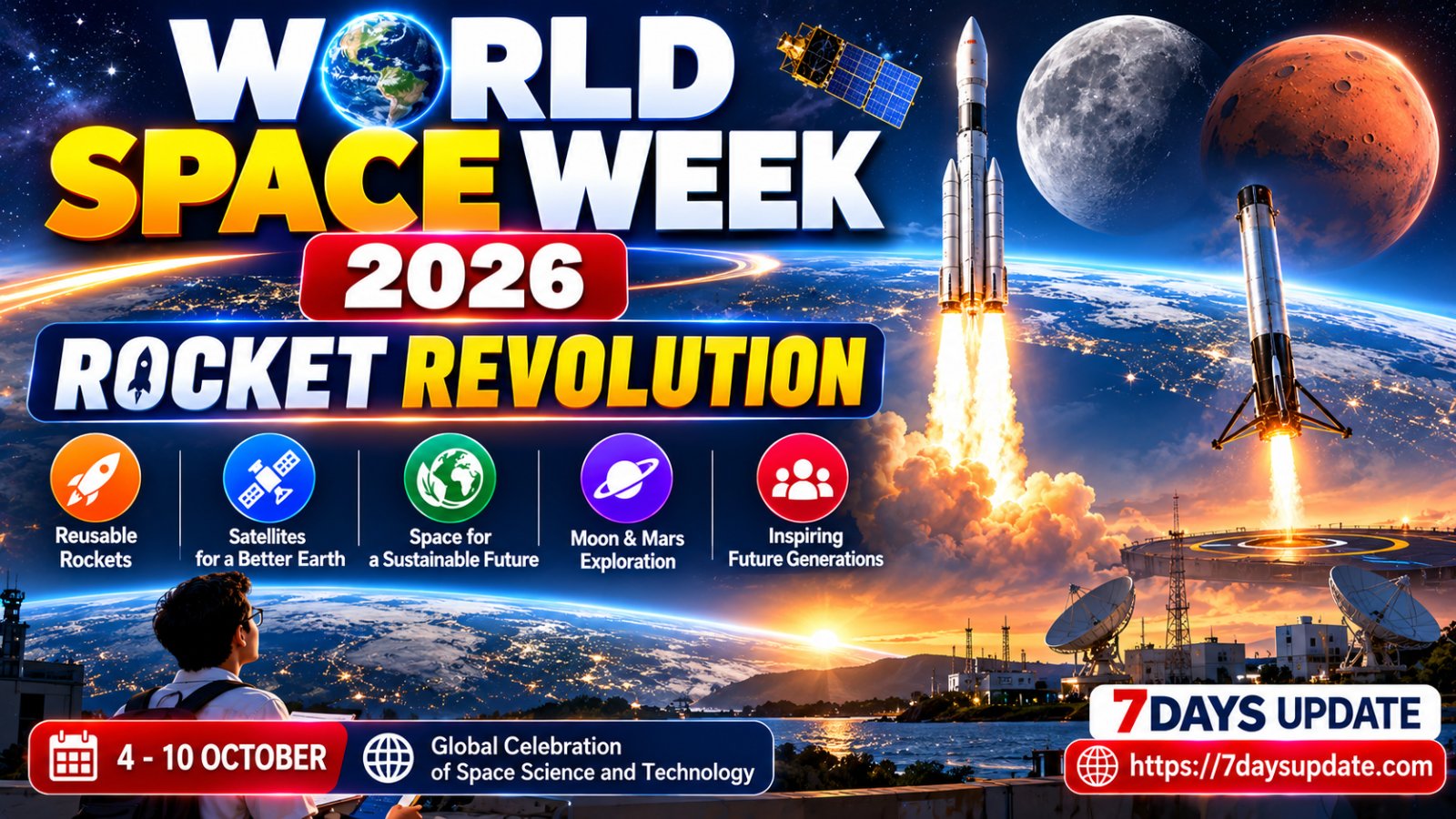 World Space Week 2026 Rocket Revolution theme with rocket launch, Earth, satellites, Moon exploration and reusable space technology